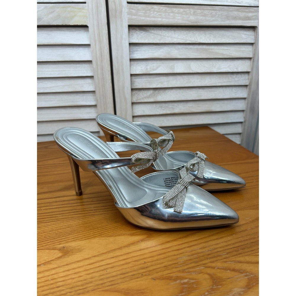 BCBGeneration Breeli Mules 7.5 Silver Womens Rhinestone Bow Pointed Toe Heels